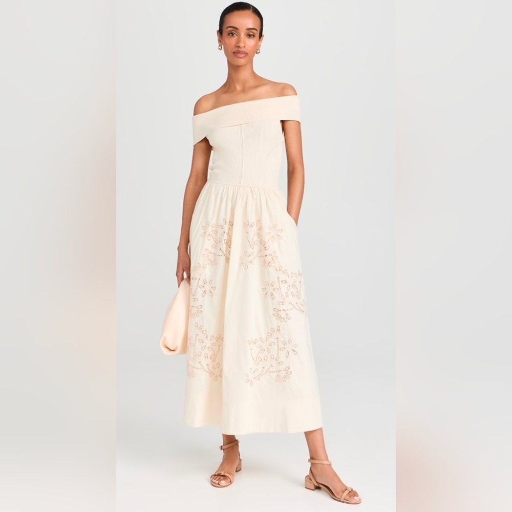 Tanya Taylor Cream Off-Shoulder Maxi Dress Over $500 Original Price.